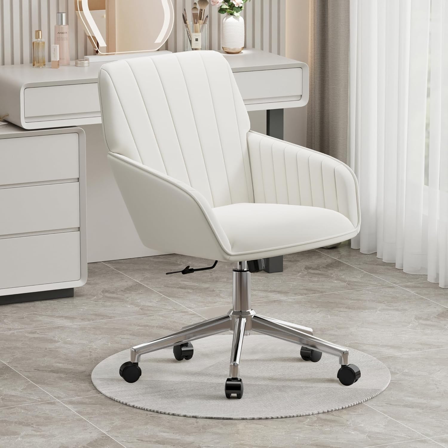 YWEN Velvet Office Desk Chair with Silver Base, with Wheels,Modern Height Adjustable 360 Degree Swivel Upholstered Vanity Chairs with Arms for Living Room Bedroom,Cream