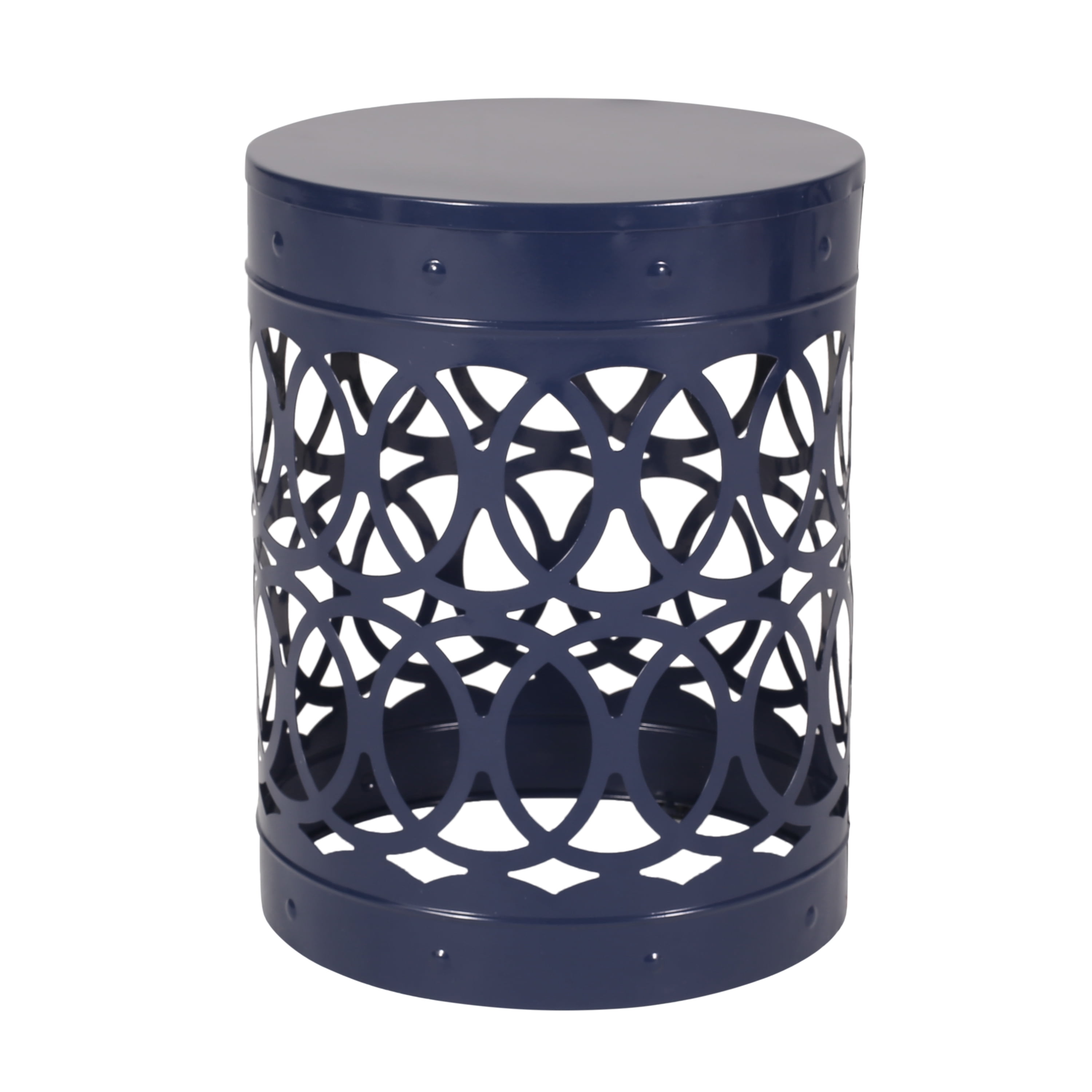 Outdoor Nesting Side Table Set of 2, Cylindrical Hollow Out Iron Structure for Patio Garden, Navy Blue