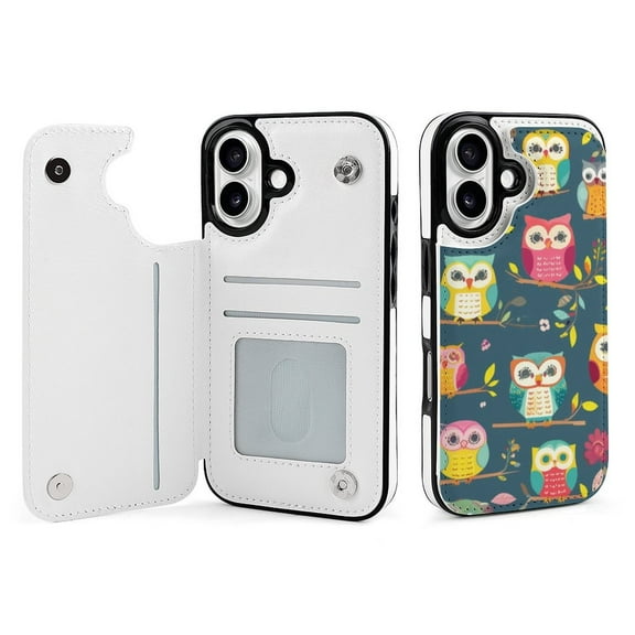 Compatible with iPhone 11 12 13 mini 14 15 16 Pro Max Plus Wallet Case with Card Holder, PU Leather Kickstand Card Slots Case ( Cute Owl Pattern, iPhone 16)