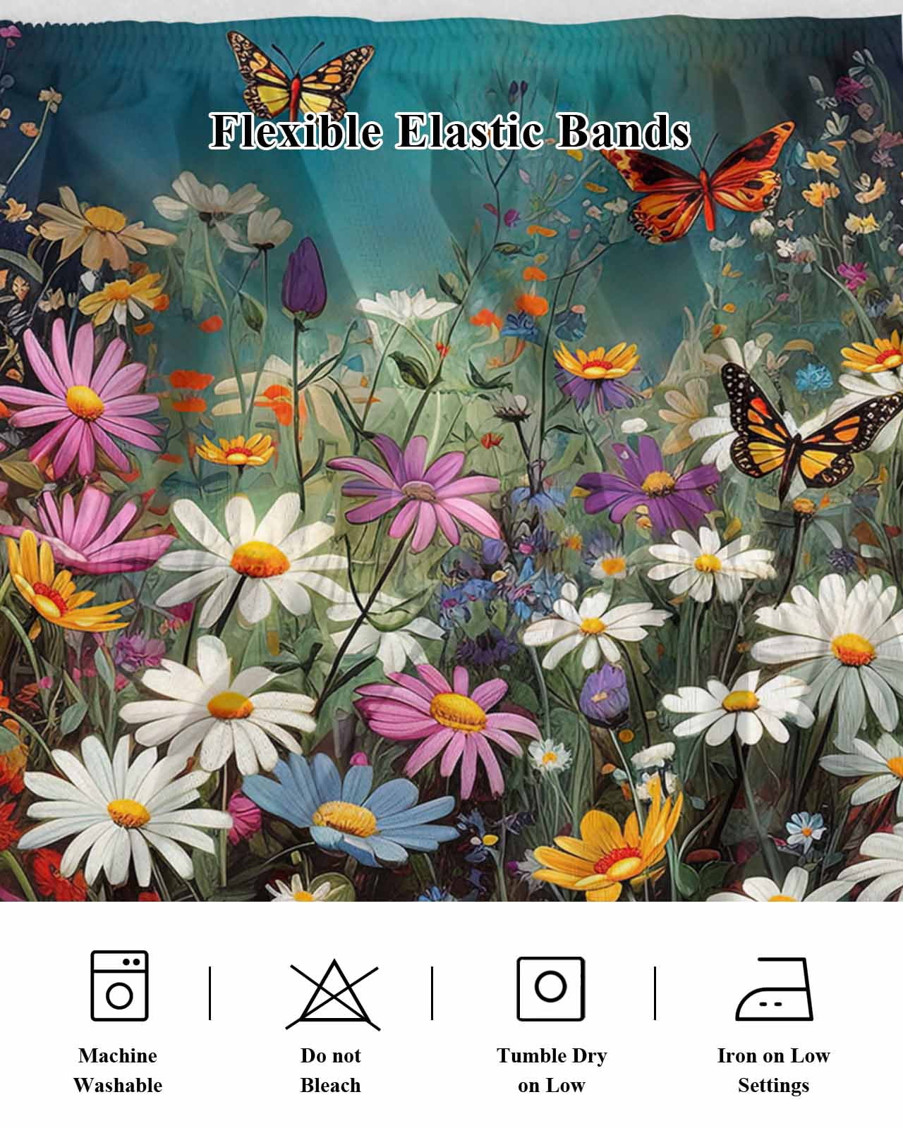 Spring Floral Bed Skirt Queen Size, Colorful Daisy Summer Botanical Butterfly Wrap Around Bed Skirting with Adjustable Elastic Strap, Dust Ruffle Pleated Bedskirts 16 Inch Drop for Bedroom Queen Beds