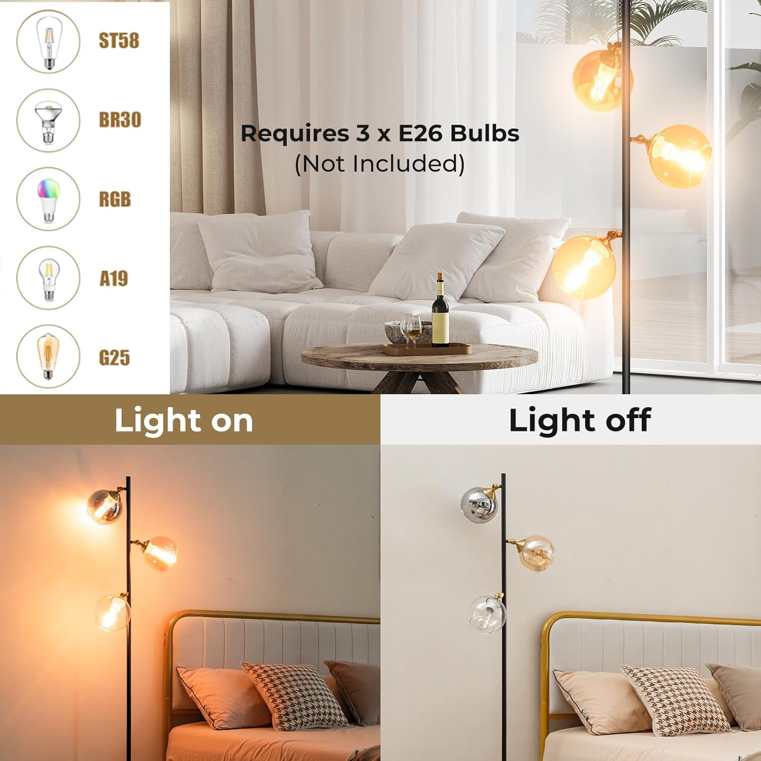 Neatifyes Mid Century Floor Lamp, Modern Freestanding Lamp with 3 Glass Globe Lampshades, Weighted Base, Convenient Foot Switch, Standing Tree Lamp for Bedroom Living Room, E26 Bulb Base (Art Deco)