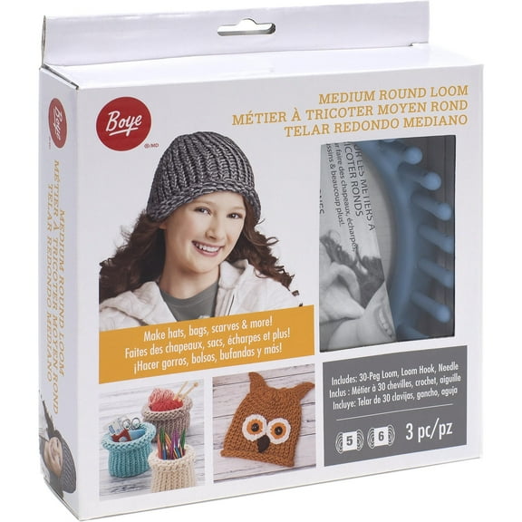 Boye Medium Round Loom, 3 Pieces, 1 Blue Plastic Loom, 1 Loom Hook, 1 Yarn Needle, Ages 8 and up