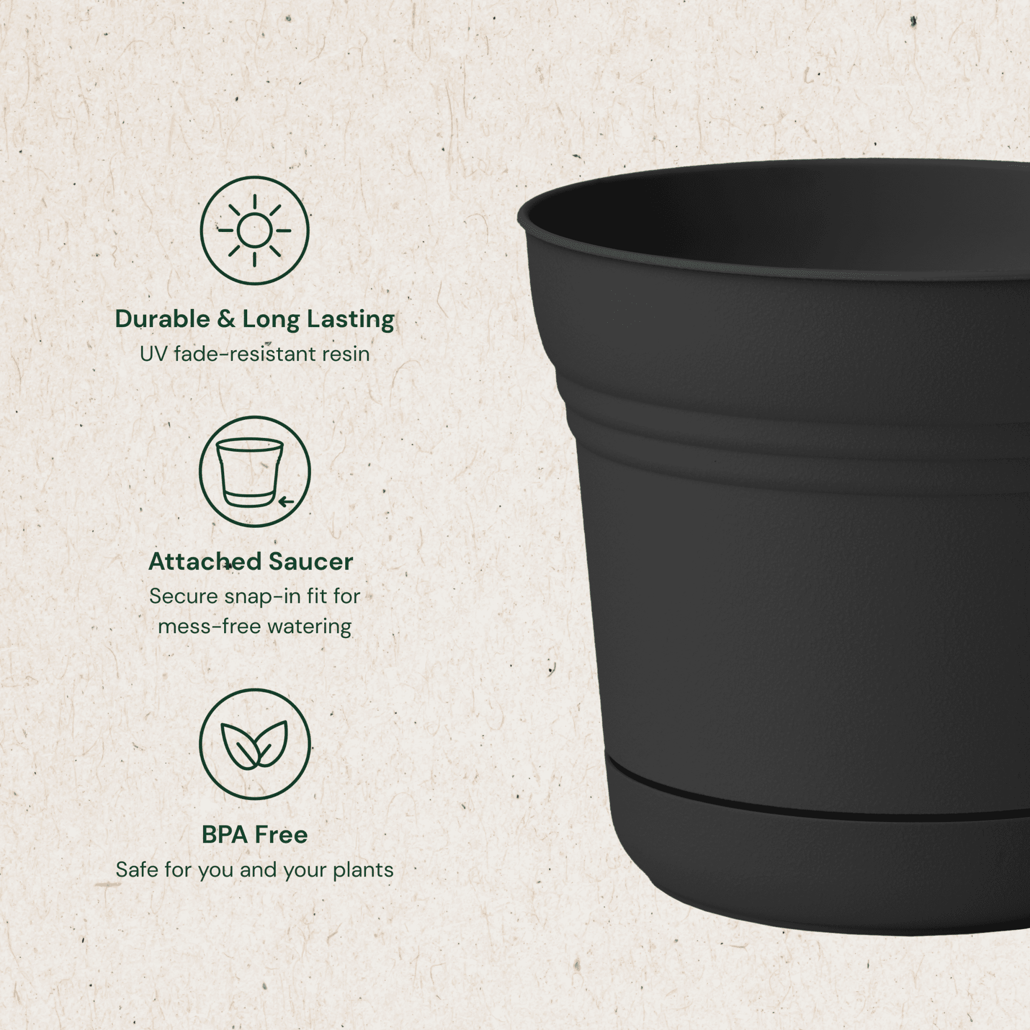 Bloem Saturn 10" Round Plastic Planter - Indoor/Outdoor, Snap-in Saucer & Drainage Holes, Black
