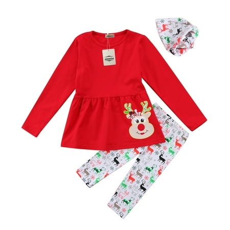 

Cathery Girl Christmas Deer Print Long Sleeve T-shirt Elastic Long Pants and Bib