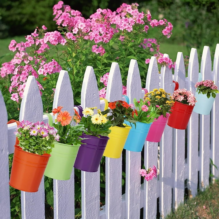 Scheam 8 Pack 4 Inch Hanging Flower Pot Outdoor Small Hanging Planters Boxes Railing Planter Metal Bucket with Detachable Hooks Perfect for Balcony