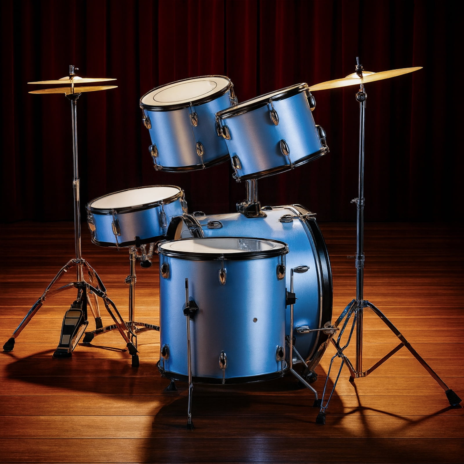 Full Size Adult Drum Set, 5-Piece Blue with Bass Drum, Two Tom Drum, Snare Drum, Floor Tom, 16" Ride Cymbal, 14" Hi-hat Cymbals, Stool, Drum Pedal, Sticks