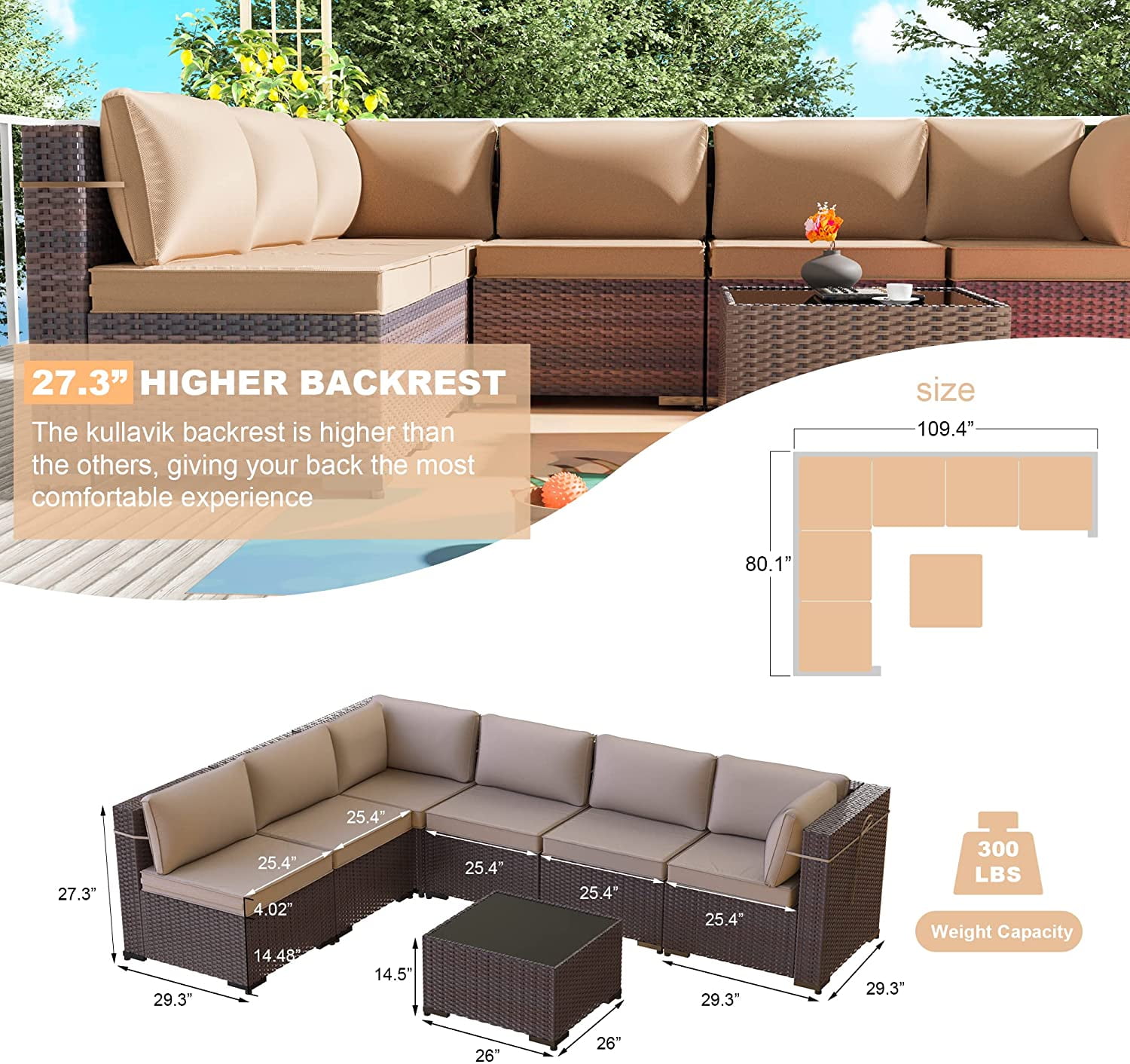 Gotland Patio Furniture Set 7 Pcs Outdoor Sectional Rattan Sofa Brown Sand Cushions,1 Tempered Glass Tea Table