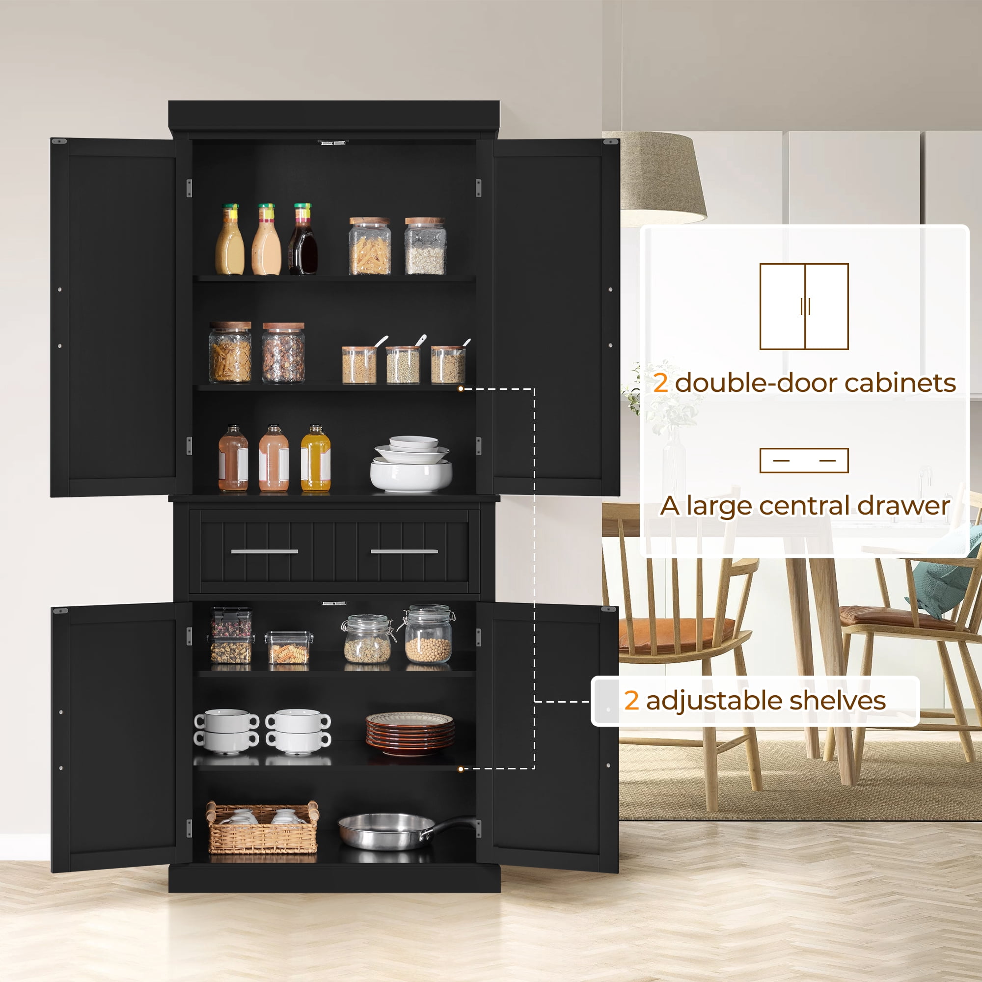 Renwick Freestanding 72.5'' Pantry Cabinet with Doors and 2 Adjustable Shelves, Black