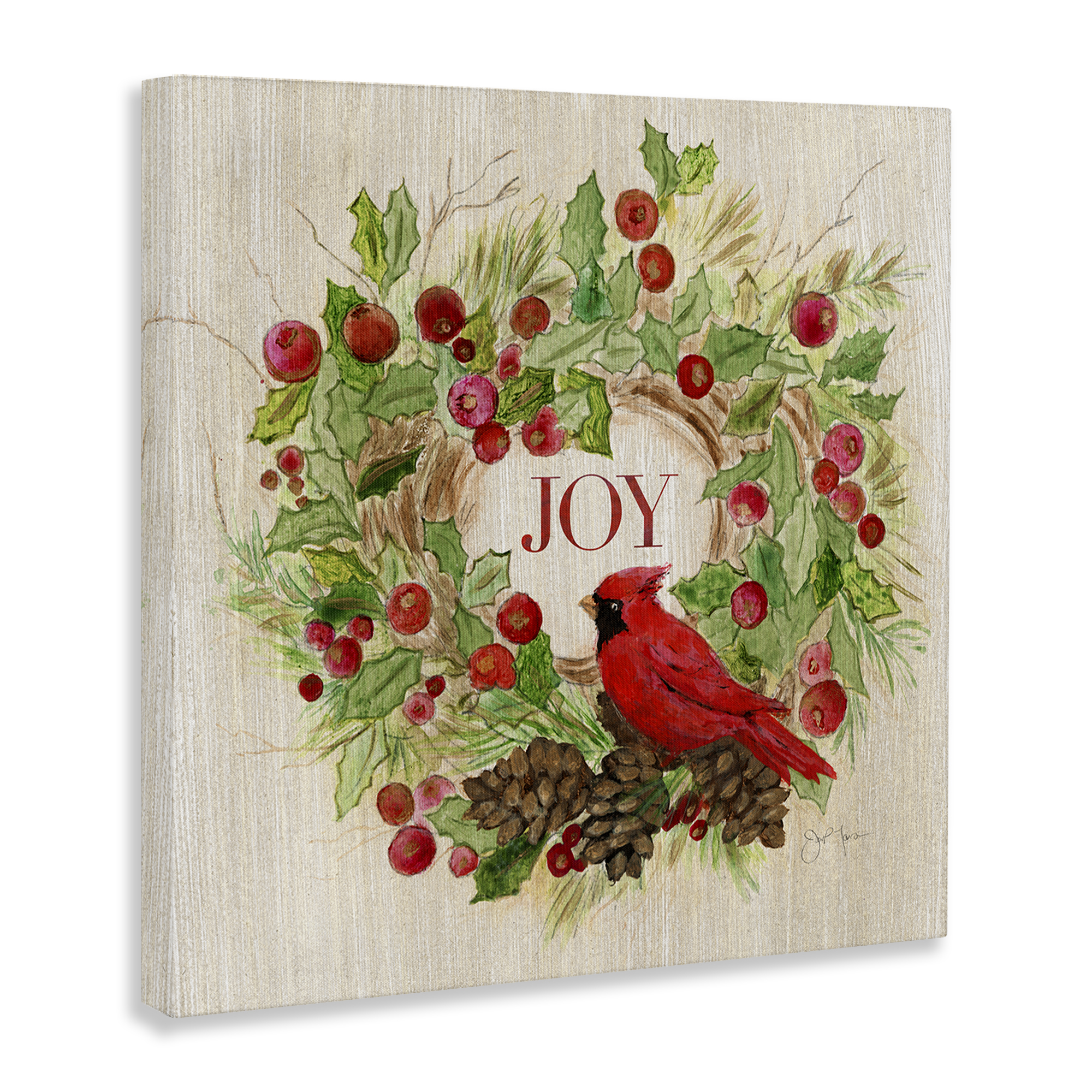 Stupell Industries Joy Rustic Winter Wreath Holiday Painting Gallery Wrapped Canvas Art Prints Wall Art, 24 x 24