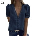 thumbnail image 1 of Camiseta de mujer Encaje Cuello en V Camisa de manga corta Blusa Top casual, Azul marino, XL kenally AP001454-19, 1 of 6