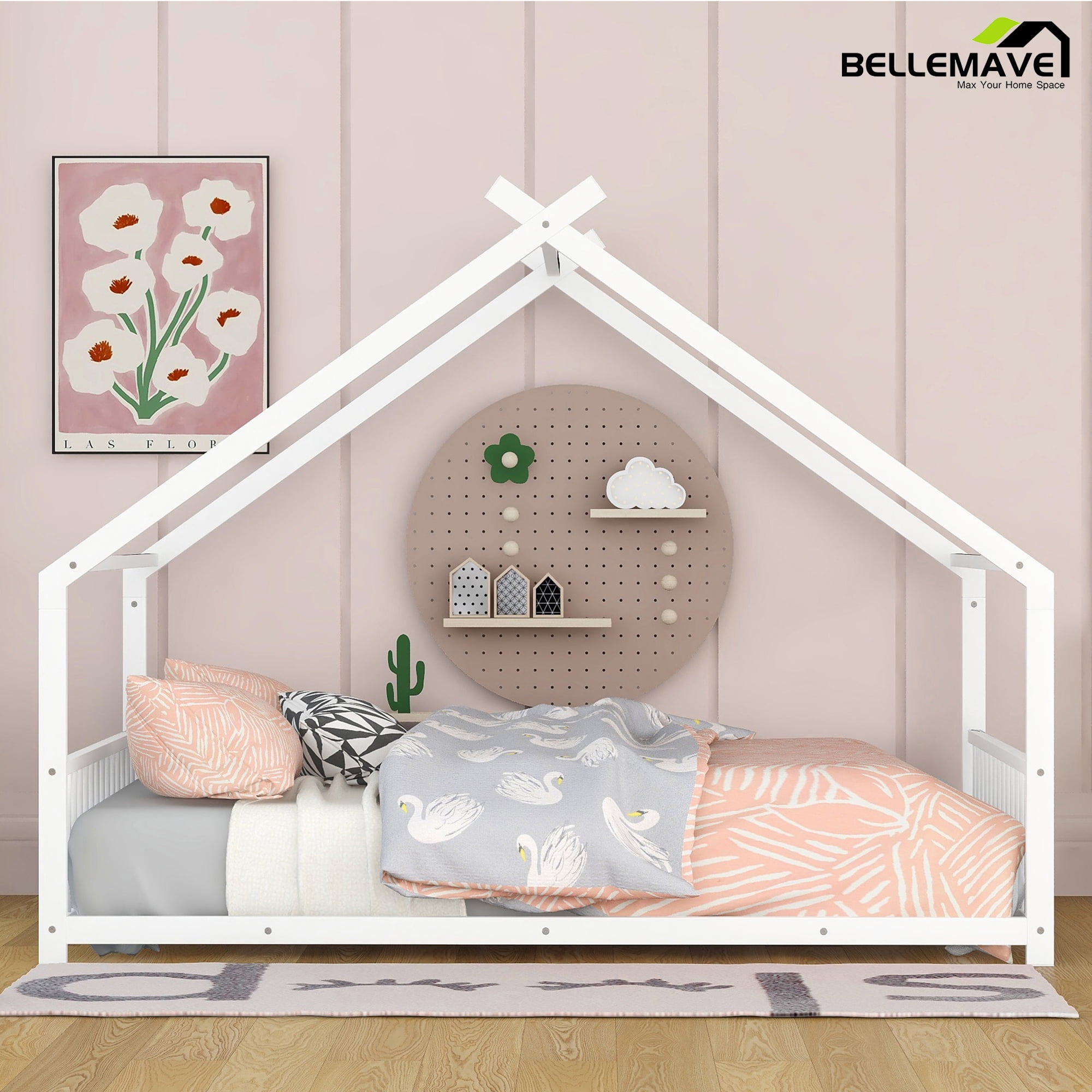 Bellemave Full Size Metal House Bed with Headboard and Footboard Montessori House Bed, Metal Floor Bed with Roof, No Box Spring Needed, White