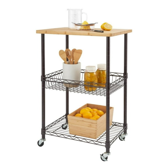 TRINITY BASICS® Bamboo Top Kitchen Cart w/ Basket - Dark Bronze