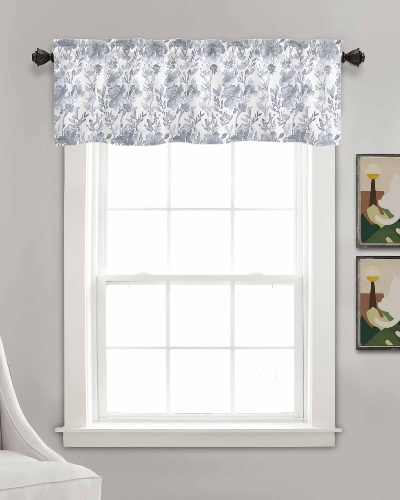 Grey Botanical Linen Curtain Valance for Bedroom/Bathroom/Kitchen/Living/Dining Room Window,Floral Flower Abstract Contemporary Plant Pocket Topper Drapes Decorative Cafe Drapery Panel 60"x18"