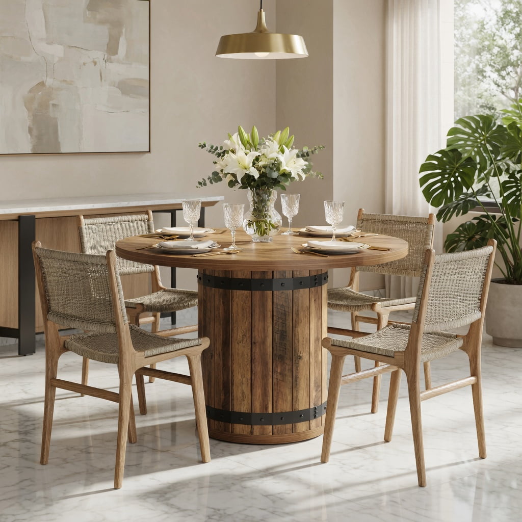 Hommoo 39.37 in Round Dining Table for 4, Farmhouse Kitchen Table with Fence Pedestal Base, MDF Construction, Easy Assembly, Rustic Brown