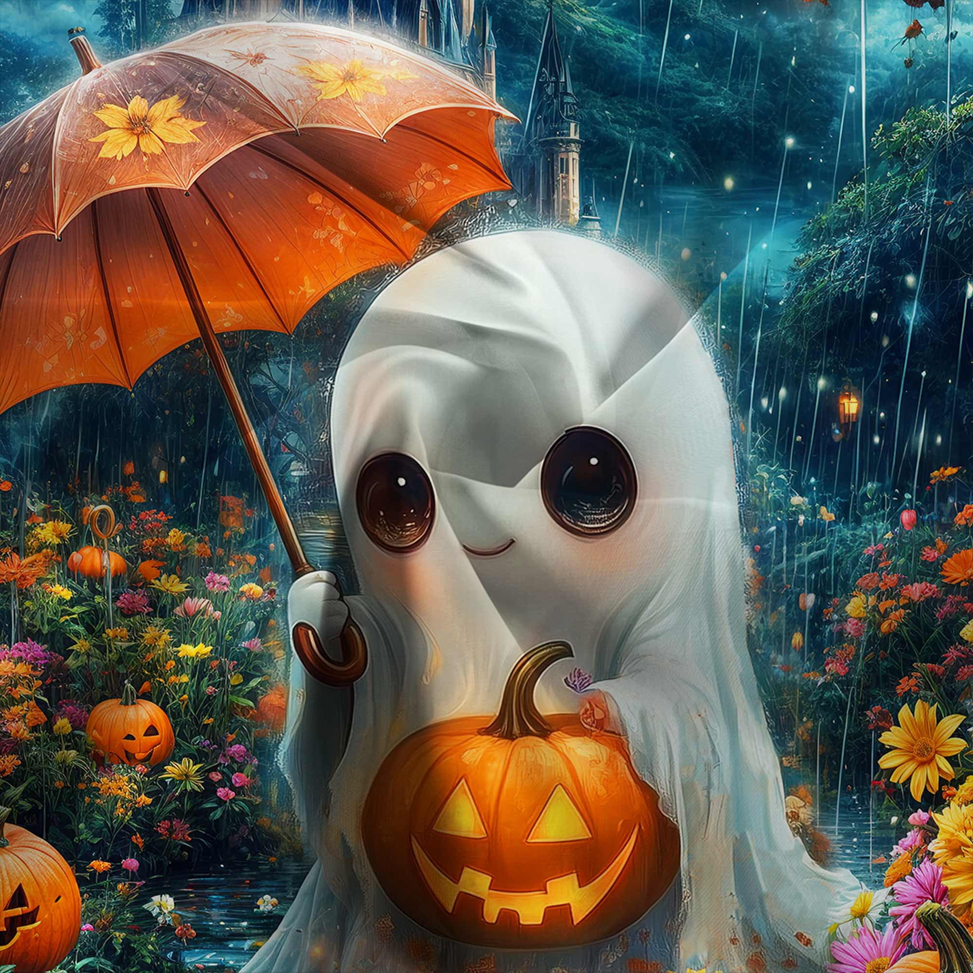 Cute Ghost Halloween Shower Curtain, Funny Watercolor Floral Umbrella Pumpkin Forest Castle Bathroom Decor Curtains, Spooky Night Gothic Waterproof Shower Curtain for Bathroom with Hooks, 70X75in