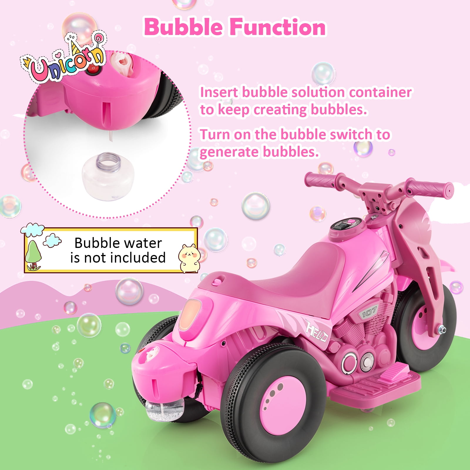 Costway 6V Kids Bubble Car Electric Ride on Motorcycle with Music Button & LED Headlight Pink