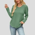 thumbnail image 2 of V Neck Pullover Tops, Womens Long Sleeve Knit Hoodies, Drawstring Pullover Tops with Pocket, 2 of 7