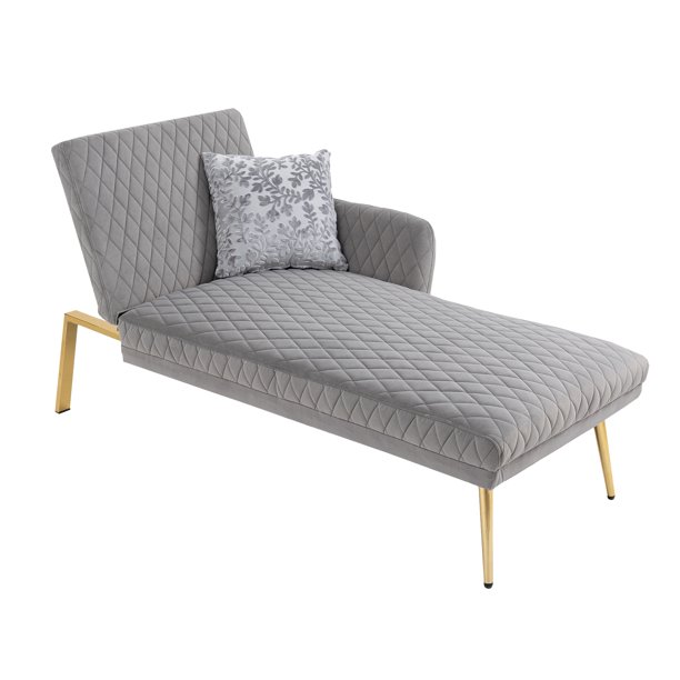HOMEFUN Modern Gray Velvet Diamond Chaise Lounge Chair Loveseat Sofa with Golden Metal Legs and
