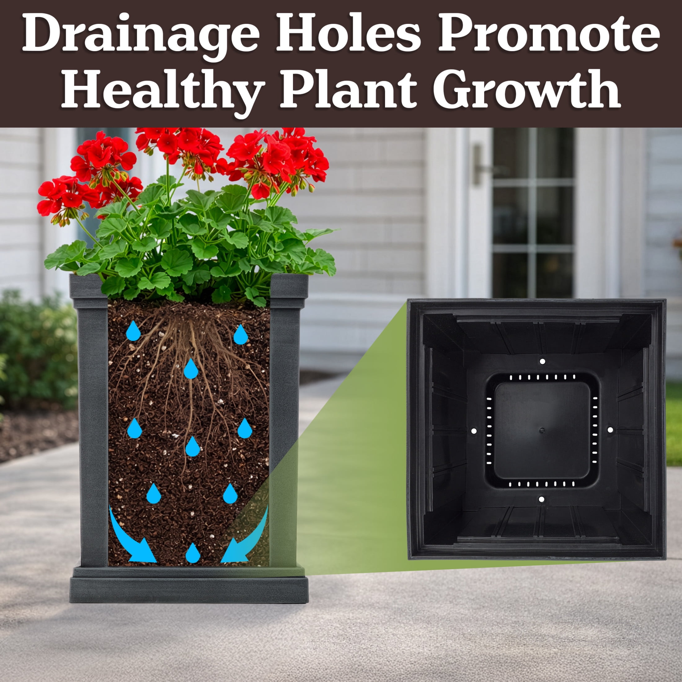 Pure Garden Outdoor Planter Box - 13.7” Square 19” Tall Plastic Plant Pot with Drainage Holes, Gray