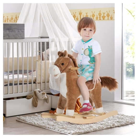 Plush Rocking Horse for Toddlers, Wooden Rocker, Sounds & Motion, Brown