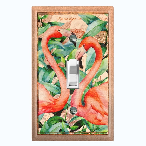 Metal Light Switch Plate Outlet Cover Romantic Flamingos Heart Plant Beige FGO010