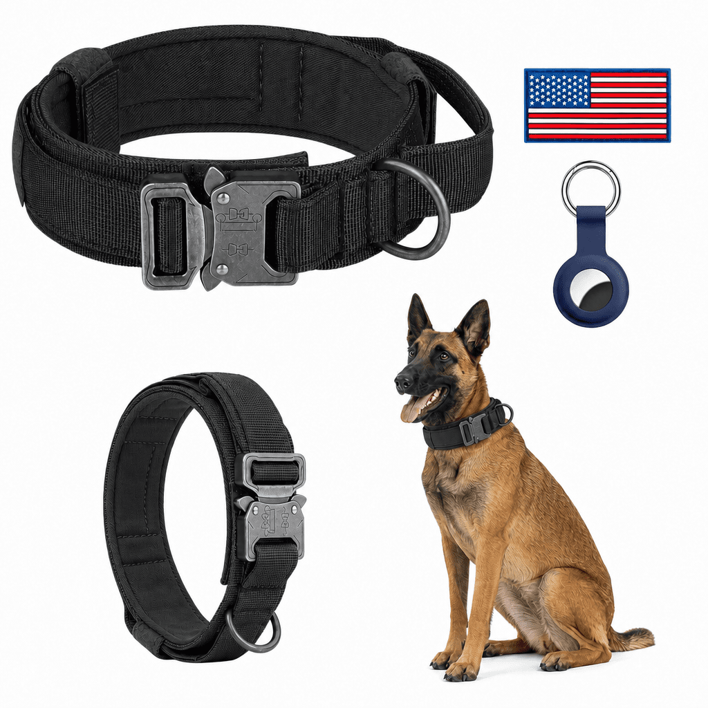 Tactical Dog Collar, Adjustable Military Training Nylon Dog Collar with Control Handle and Heavy Metal Buckle for Medium and Large Dogs, with Patches and Airtags Case