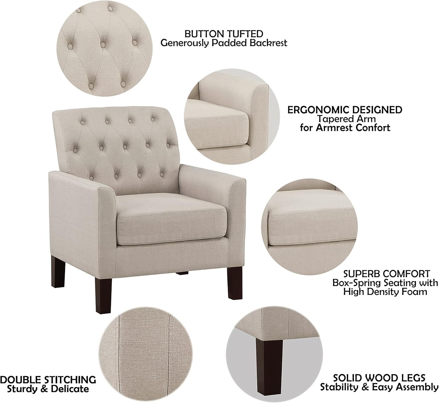BSHTI Modern Accent Chair with Vintage Rivets Finish, Footrest Chair Set with Solid Wood Legs and Ergonomic Backrest, Button Tufted Upholstered Armchair for Livingroom