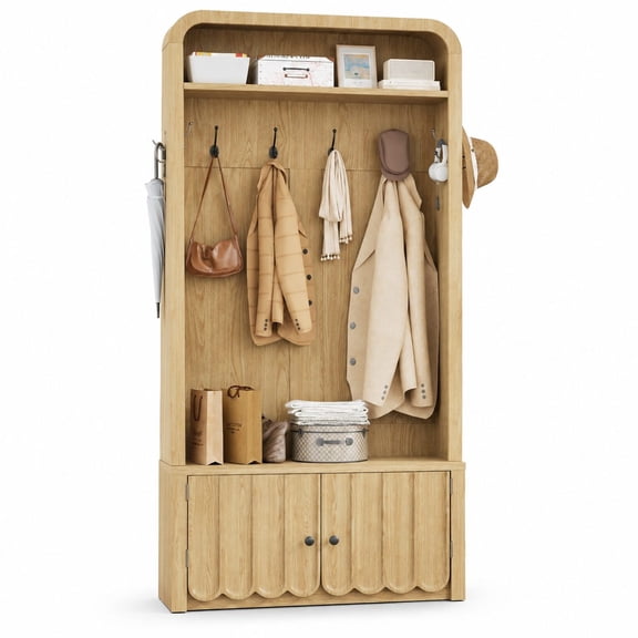 Narrow Hall Tree Bench with Shoe Storage, Arched Entryway Coat Rack with Adjustable Shoe Cabinet, 8 Hooks, Rustic Mudroom Organizer with Scalloped Fluted Doors in Nature Oak