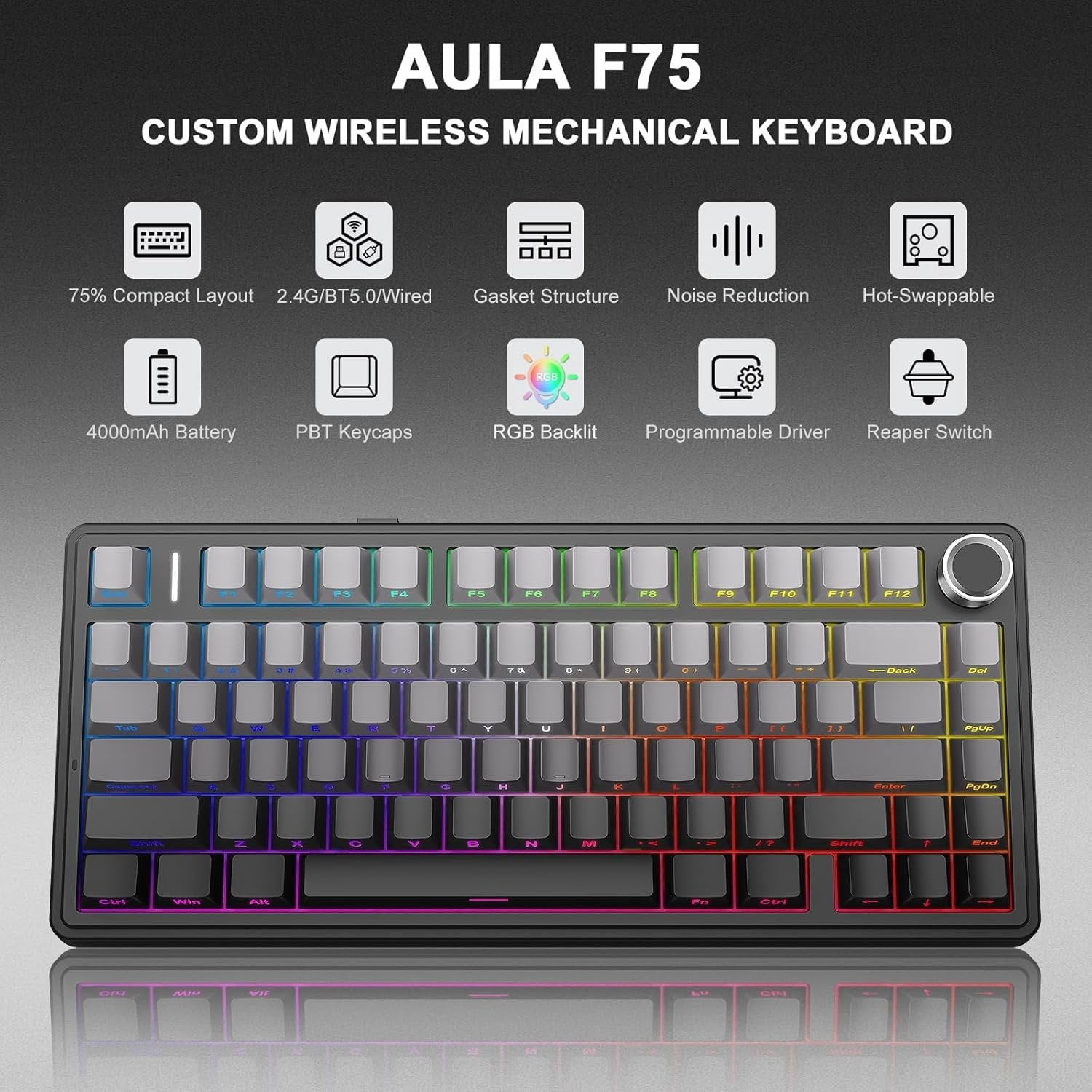 AULA F75 - 75% Mechanical Keyboard,Hot Swappable Custom Gaming Keyboard with Knob,BT5.0/2.4GHz/USB-C,RGB Backlit,Pre-lubed Reaper Switches,Double Shot PBT Keycaps,Mechanical Gaming Keyboards