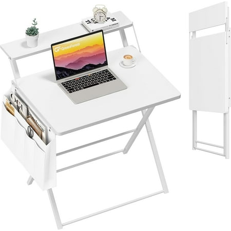 Desk for Small Spaces Foldable Table with Storage Bag 2-Tier Portable Computer Desk with Monitor Stand for Home Bedroom