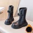 thumbnail image 2 of XIMIN Kid Girls Soft Bottom Outside Boots Pearl Trim Bowknot Fleece Lining Booties Leather Zipper Mid Calf Combat Riding Round Toe Back Zipper Boot, 2 of 8