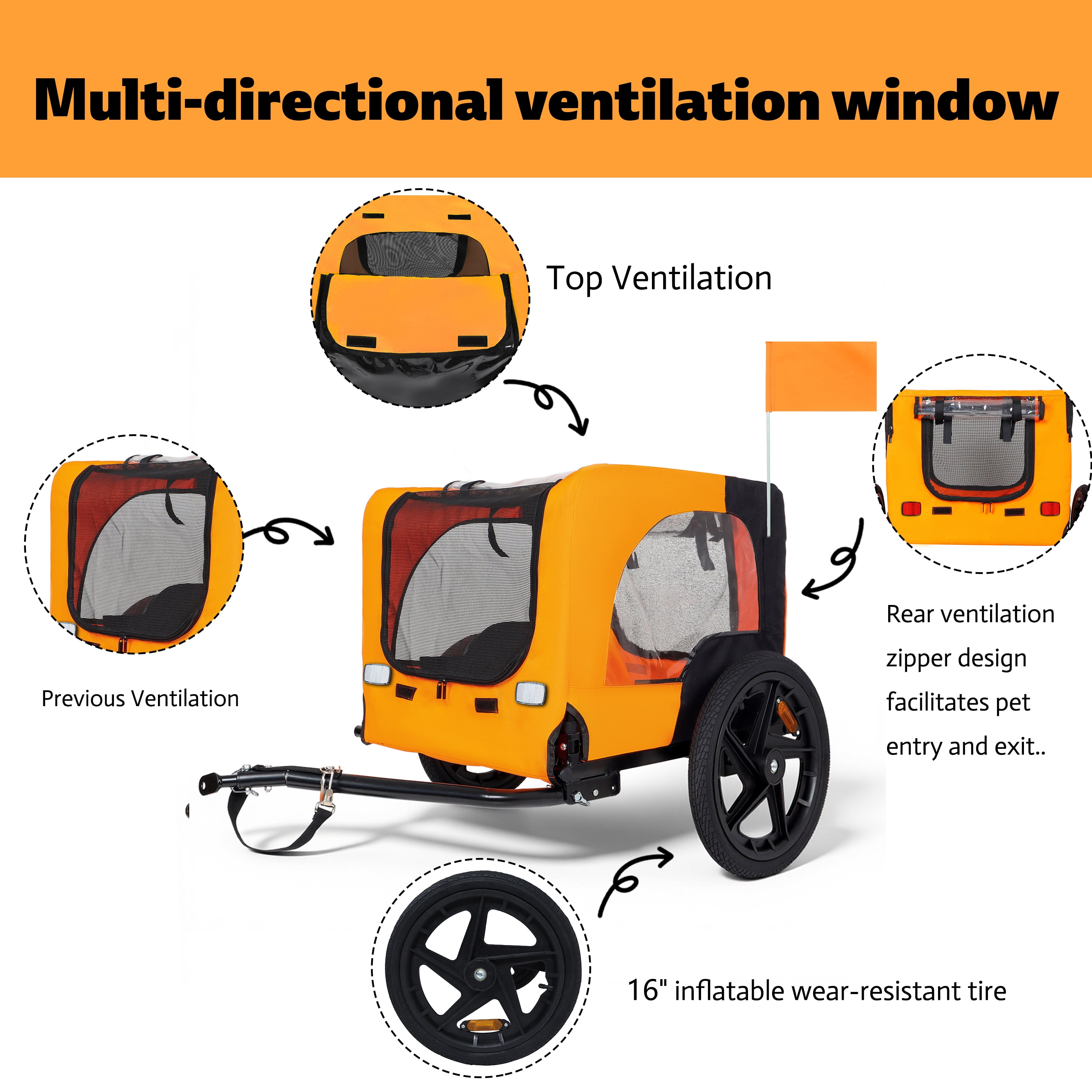 Collapsible Pet Bike Trailer, 16in All-Terrain Wheel Foldable Dog Carrier Cart with Universal Hitch, Reflective Safety Design Waterproof Mesh for Outdoor Cycling, Black & Orange