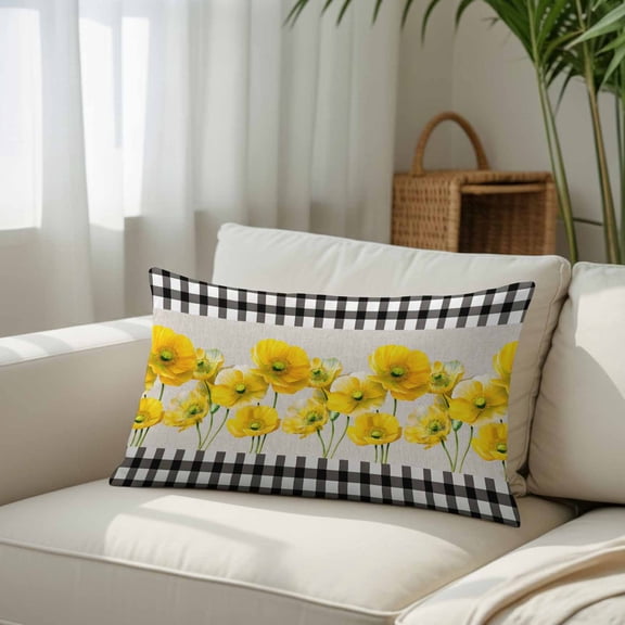 Farmhouse Yellow Poppies Throw Pillow Covers, Decorative Pillow Covers With Hidden Zipper Soft Brushed Microfiber Fabric, Black White Plaid Pillowcases for Couch Bed 20x26in