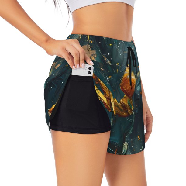 Balery Whimsical Starry Night Scene Pantalones cortos deportivos para mujer con forro y dos bolsillos, elásticos, para entrenamiento, gimnasio, yoga-Medium