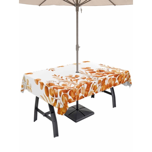 Outdoor Tablecloth with Umbrella Hole for Patio/Picnic/Party/Camping, Orange Eucalyptus Leaves Waterproof Table Cloth Rectangle Table Cover Washable, Watercolor Spring Summer Botanical (60"x 84")