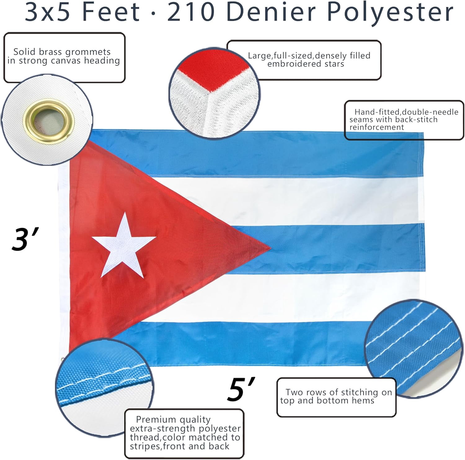 Anley EverStrong Series Embroidered Cuba Flag 3x5 Feet - Cuban National Flags