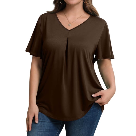 ASDFVBKG Women's Summer Plus Size Dressy Chiffon Blouses V Neck Ruffle Short Sleeve Tunic Tops for Leggings Casual T-Shirts Brown XL