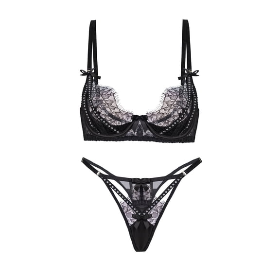 Midnight Noir Sparkle Lace Lingerie Set (BLACK, S)