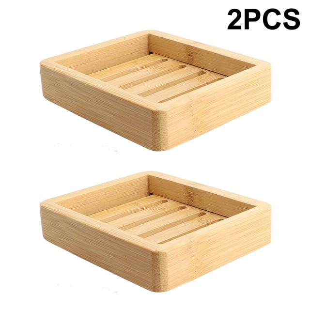 2XNatural Wooden Soap Dish Tray Holder Storage Soap Rack Plate Drain Box