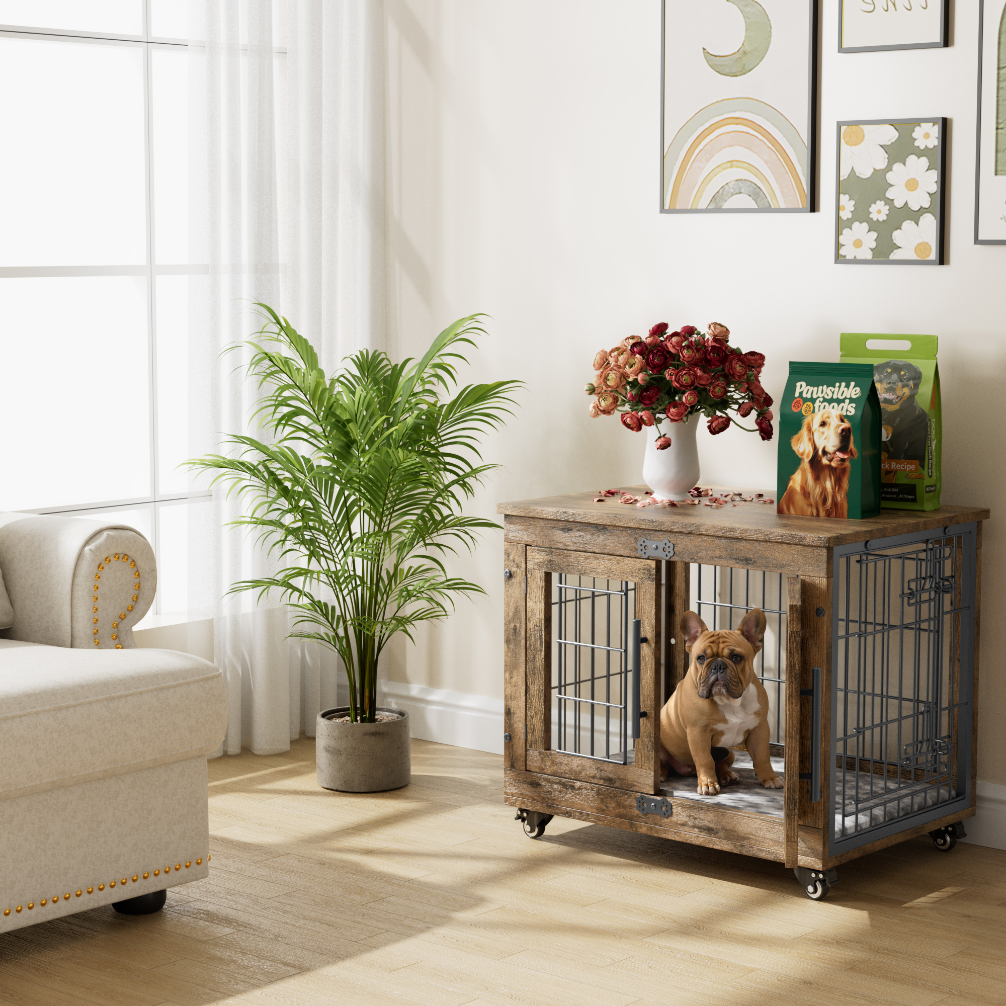 LainTene Wooden Dog Crate Furniture, Double Doors Dog Kennels for Inside with Pads and Wheels, Heavy Duty Dog Cage for Small Dogs, Brown