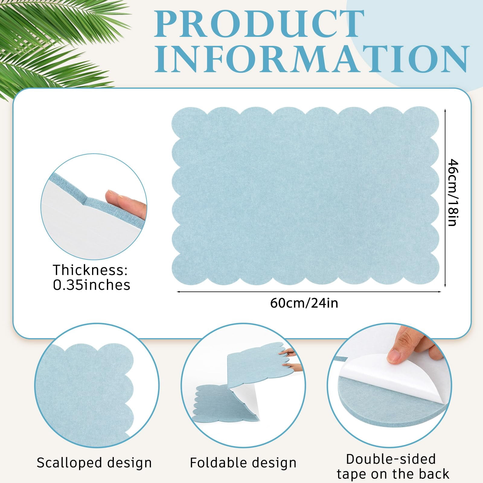 Scalloped Felt Bulletin Board 24 X 18 Inches Foldable Light Blue Pin Cork Alternative For Wall  2' 1.5' Trifold Picture Vision Self Adhesive Decorative