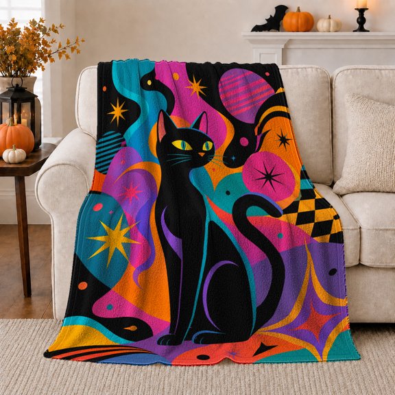 Black Cat autumn celebration Retro Pop Art Celestial, Playful Pet Portrait Pattern, Warm Flannel Blanket for Living Room and Bedroom, Cat Lovers autumn celebration Gift, Pet Lover Home Decor