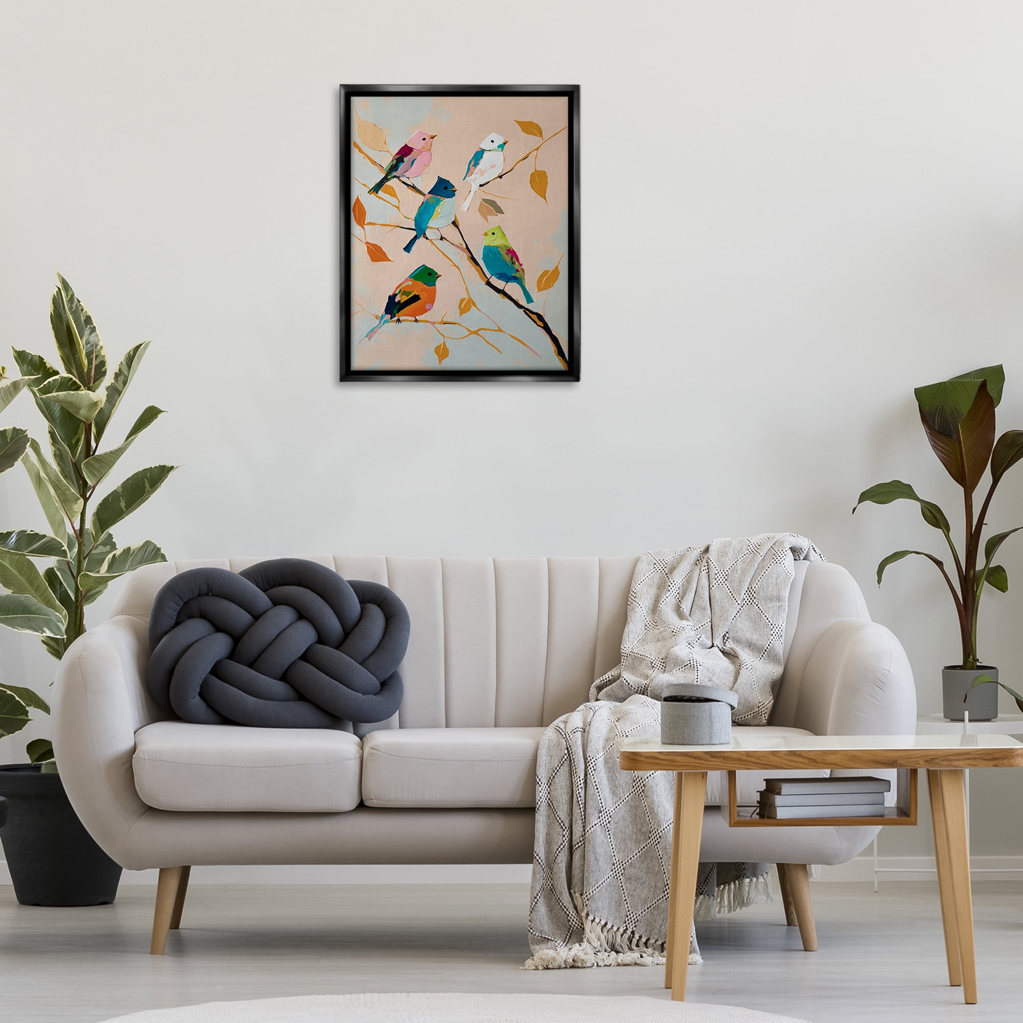 Stupell Industries Parakeets on Fall Branch Animals Painting Black Floater Framed Canvas Art Print Wall Art, 25 x 31