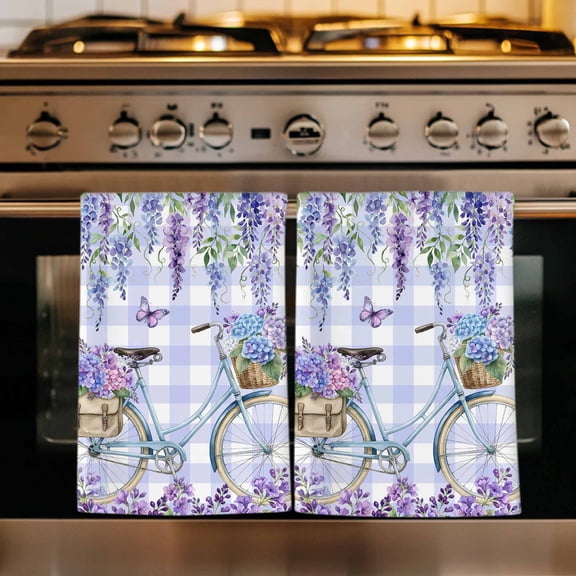 Purple Flowers Kitchen Towels Set of 2, Weeping Spring Floral Bicycle Checkered Absorbent Dish Towels for Kitchen, Microfiber Hand Towel, Quick Drying Tea Towel for Cleaning Decorative Dishcloths