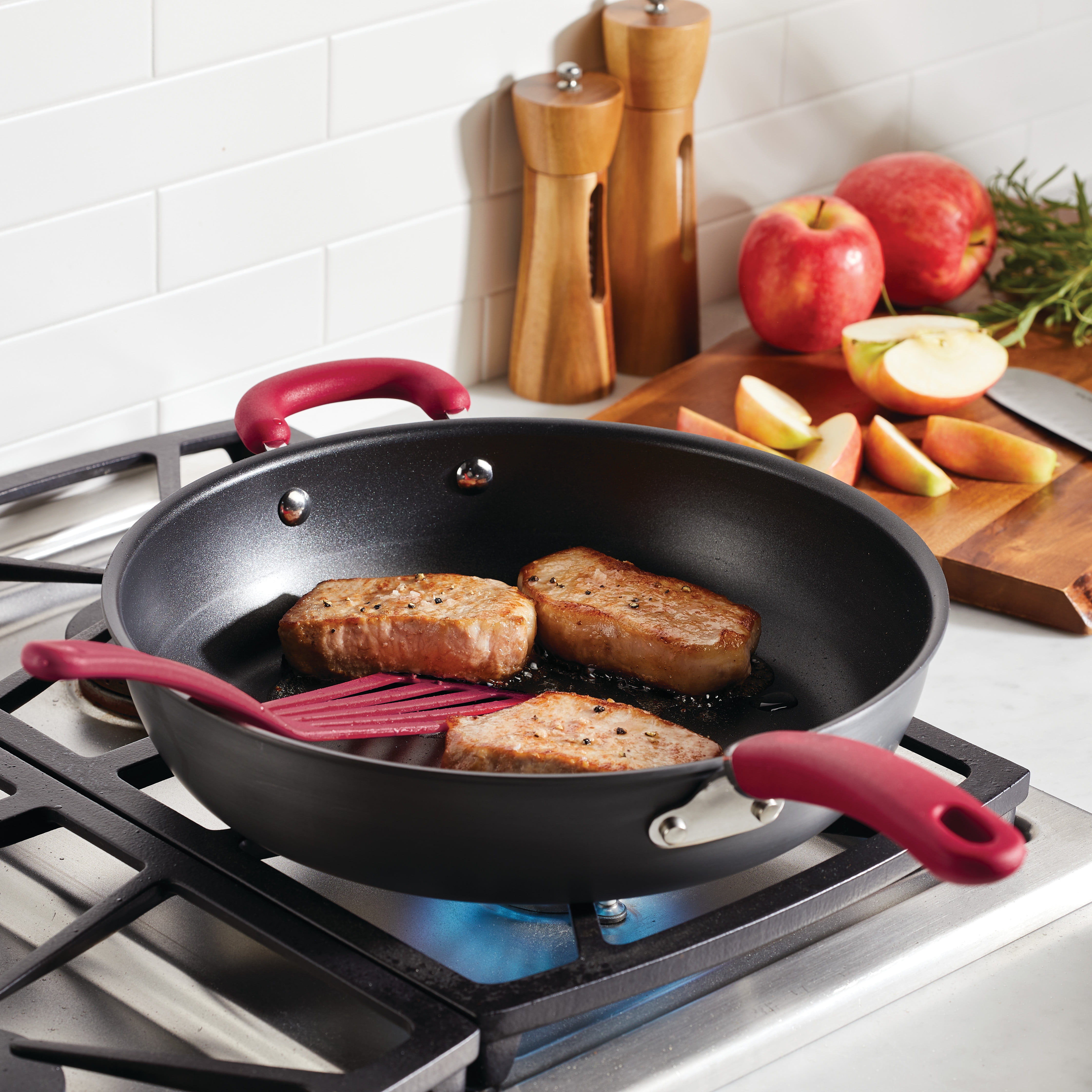 Rachael Ray 12.5" Create Delicious Hard-Anodized Aluminum Nonstick Deep Frying Pan, Red Handle