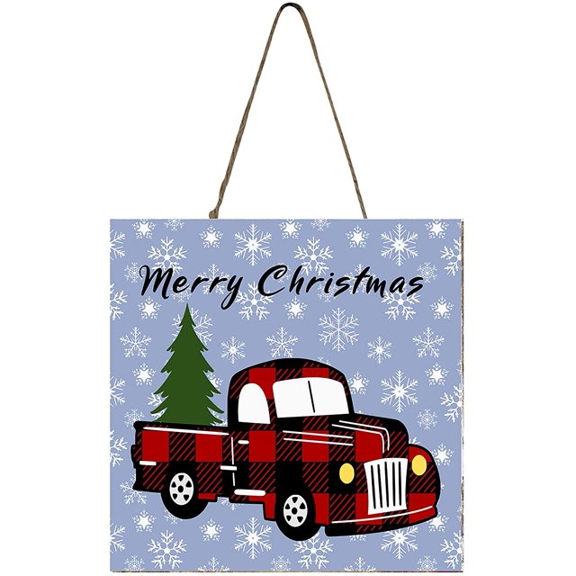 Ornement Suspendu de Noël Carré en Bois (Camion à Carreaux Rouges « Merry Noël »)