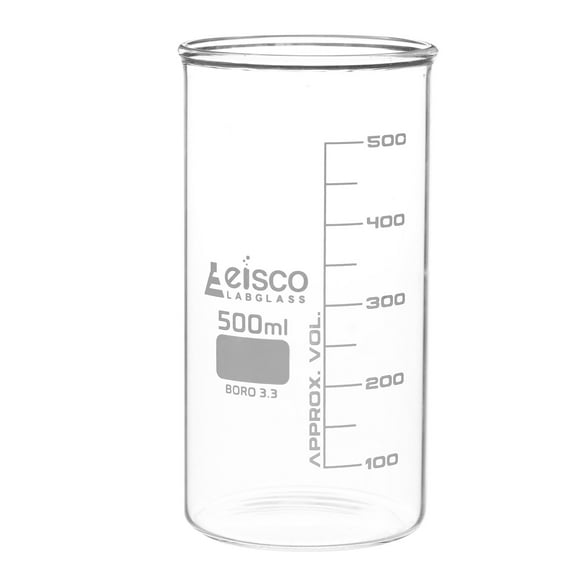 Tall Form Beaker Without Spout, 500mL - Graduated - Borosilicate Glass - Berzelius Beaker - Eisco Labs