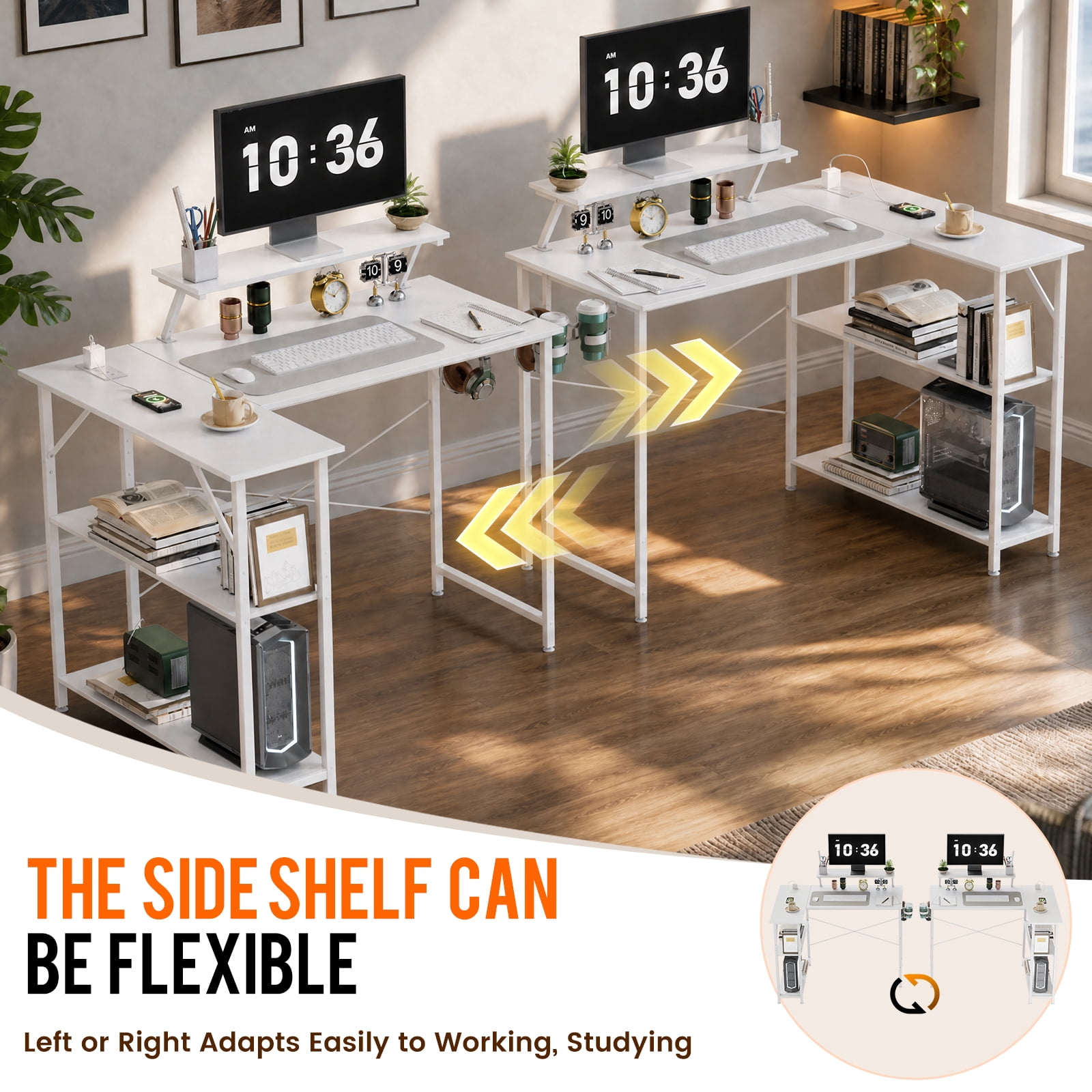CLOUDREST PTO 42" L-Shaped Office Desk with Power Outlets & RGB LEDs, White