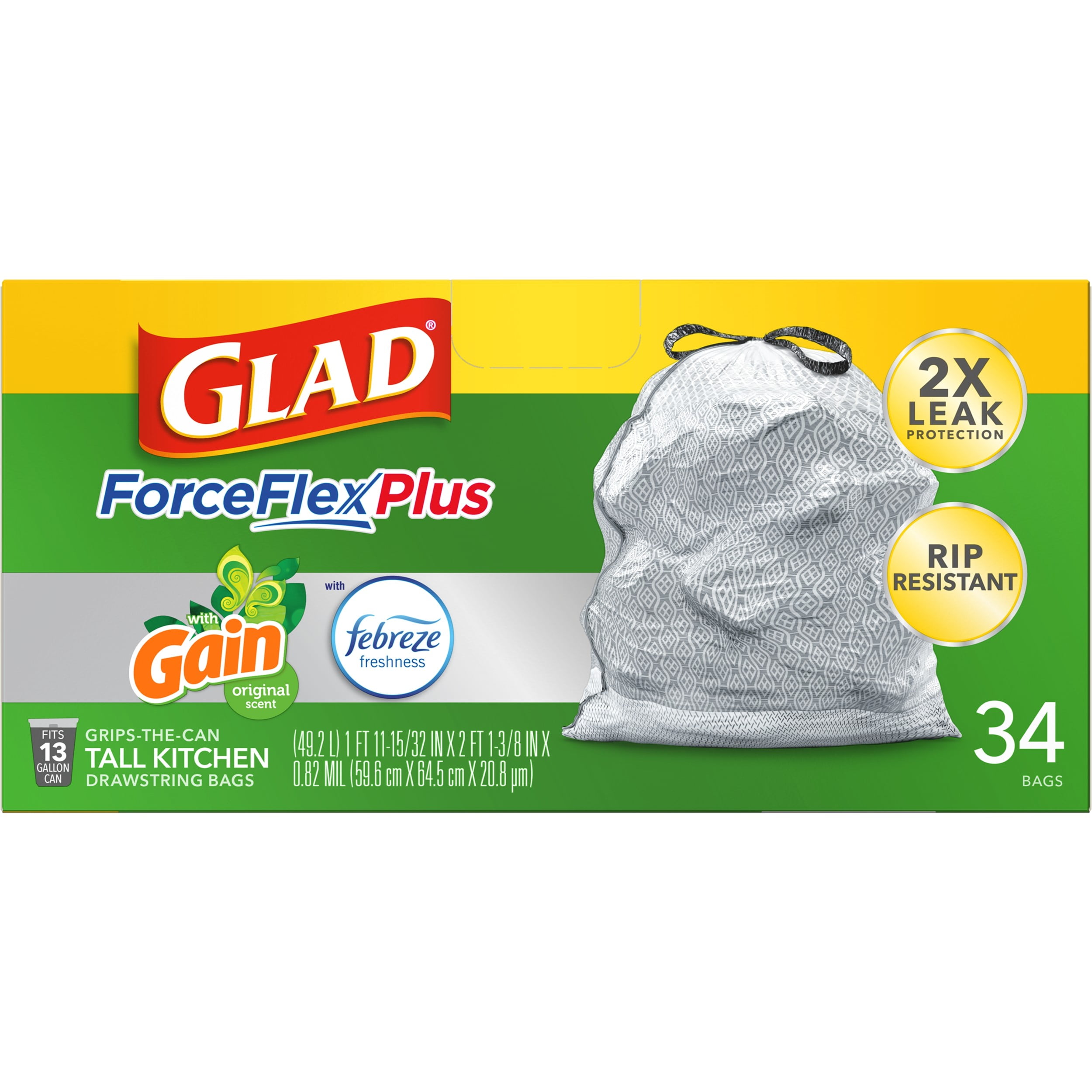 Glad ForceFlex Plus Kitchen Bags, Tall, Drawstring, Gain Original Scent, 13 Gallon - 34 bags