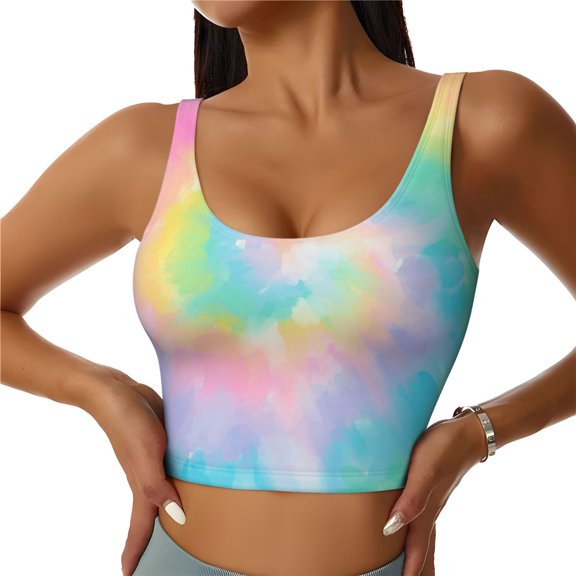 Pastel Rainbow Tie Dye Abstract Women Sports Vest Yoga Tank Top Gym Crop U Back